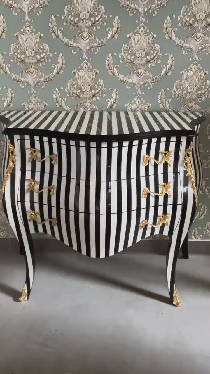 Chest of Drawer Louis XV Style Black Stripe Dresser Classic Baroque Rococo Style Wooden Cabinet Nostalgic Style for Bedroom Decor Gift