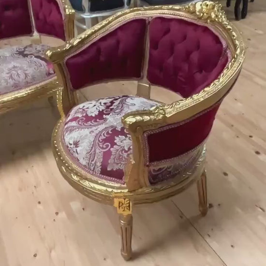 French Baroque Style Sofa Set: Bordeaux Floral Velvet, Gold Leaf Beechwood