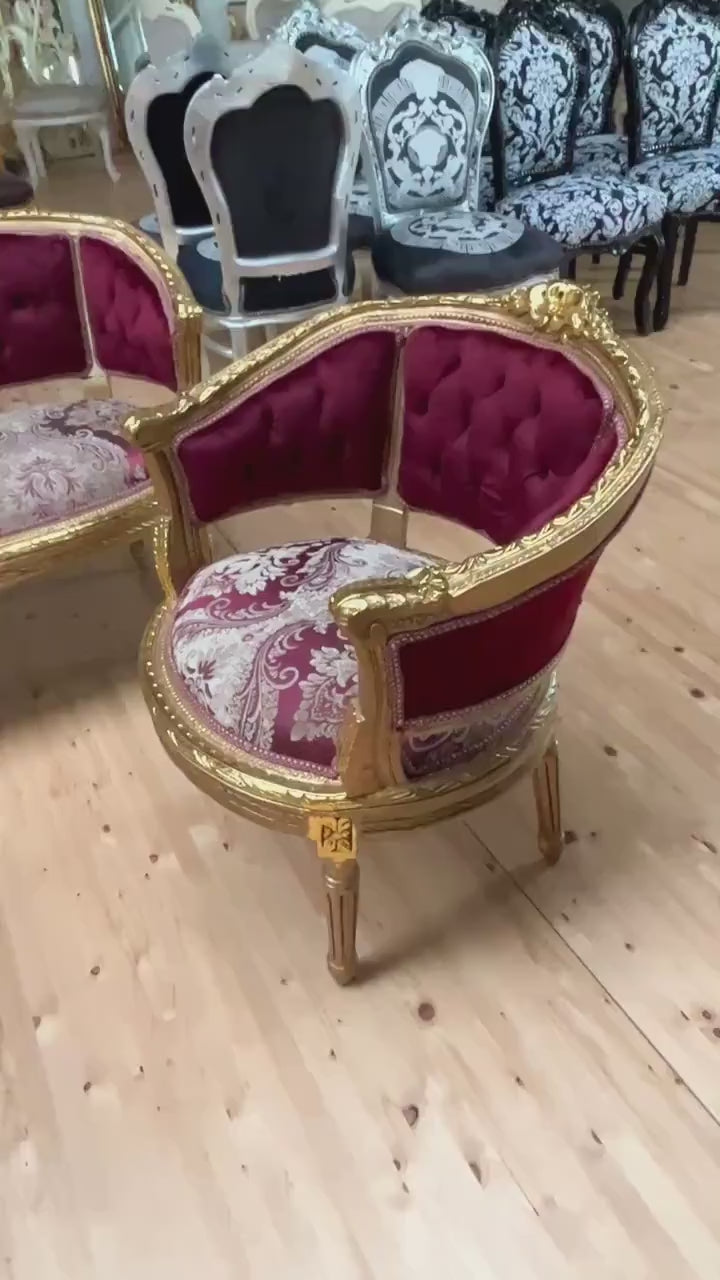 French Baroque Style Sofa Set: Bordeaux Floral Velvet, Gold Leaf Beechwood