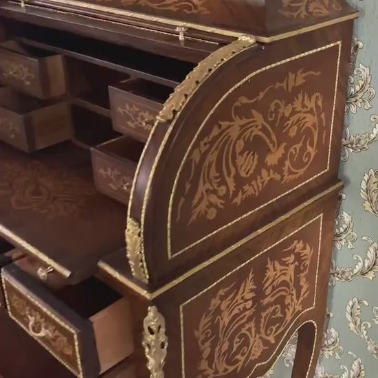 Antique Style Secretary Desk: Brown Wood Writing Table & Shelf