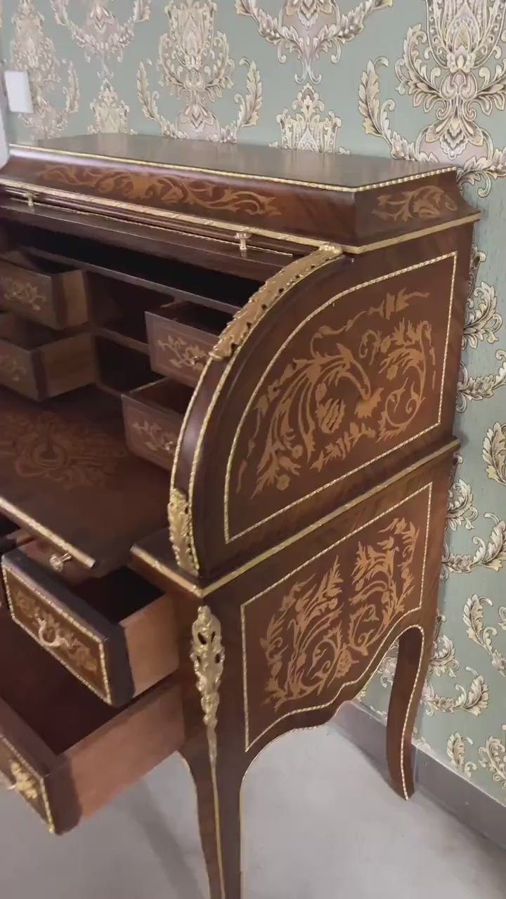 Antique Style Secretary Desk: Brown Wood Writing Table & Shelf