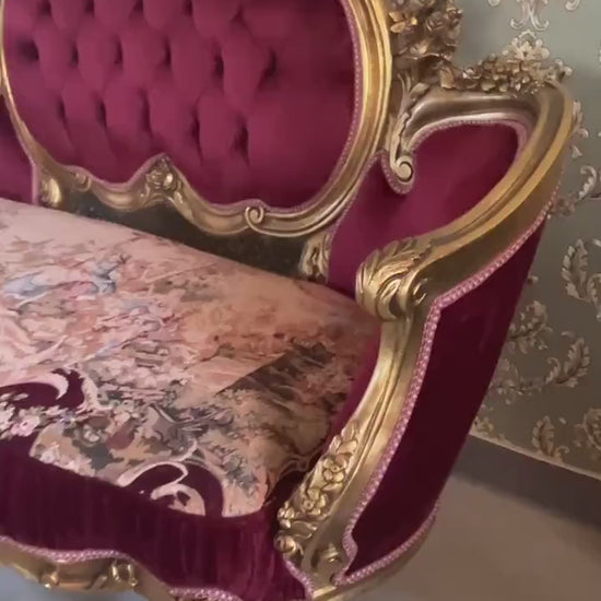 Love Seat French Royal Baroque Style Sofa in Bordeaux Red Velvet Nostalgic Antique Style Lounge Sofa in Red Velvet for Home Decor