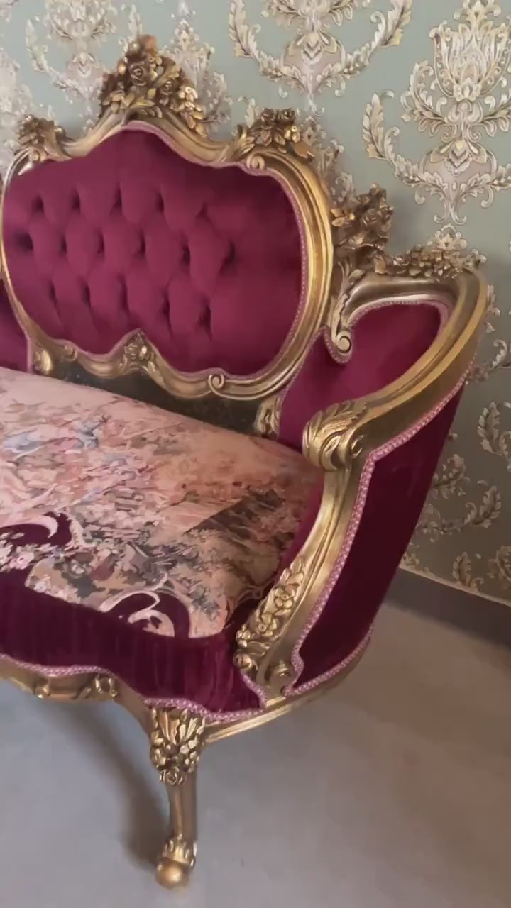 Love Seat French Royal Baroque Style Sofa in Bordeaux Red Velvet Nostalgic Antique Style Lounge Sofa in Red Velvet for Home Decor