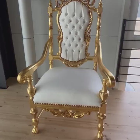 Throne Italian Barock Rococo Style Armchair Royal Antique Style Chair Gold Finish White Leather Like