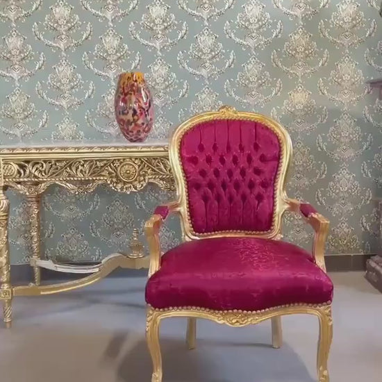 Xmas Red Decor Armchair: Hand-Carved Louis XV Chair, Gold Foil Finish