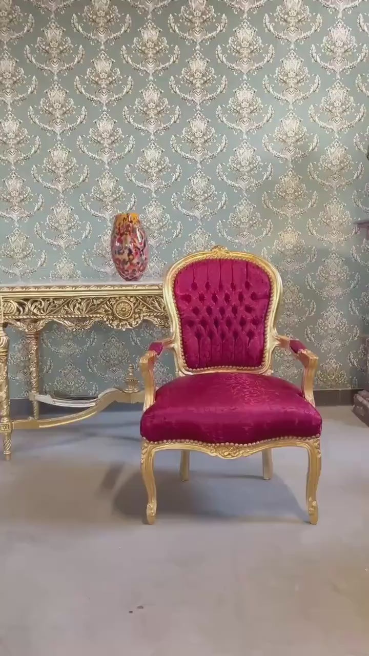 Xmas Red Decor Armchair: Hand-Carved Louis XV Chair, Gold Foil Finish