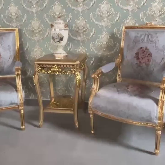 French Antique Style Armchair & Marble Table Set: Louis XV Rococo Gold Finish
