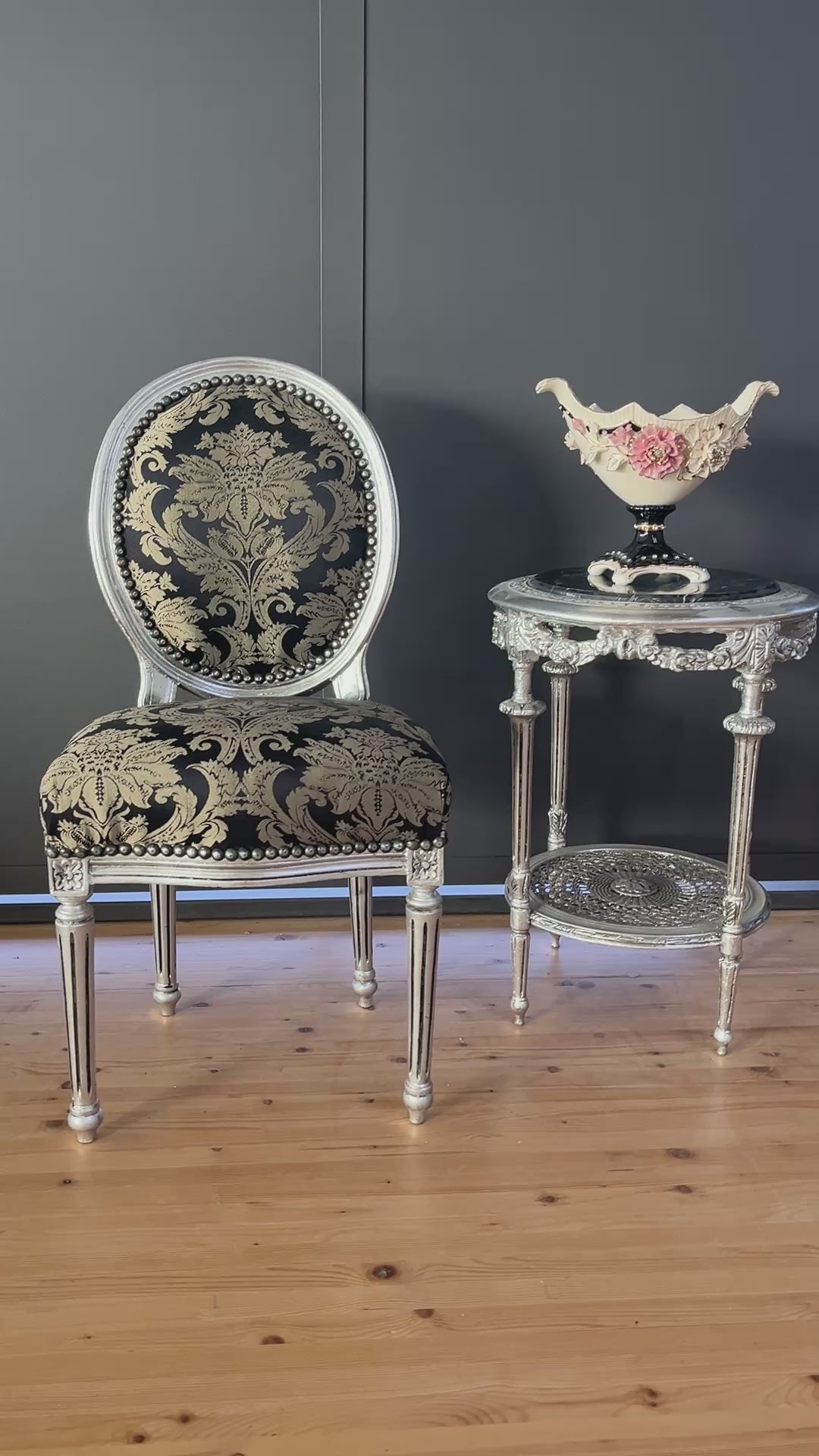 Baroque Accent Chair Silver Gilded Black Floral Dining Chair Classic French Furniture