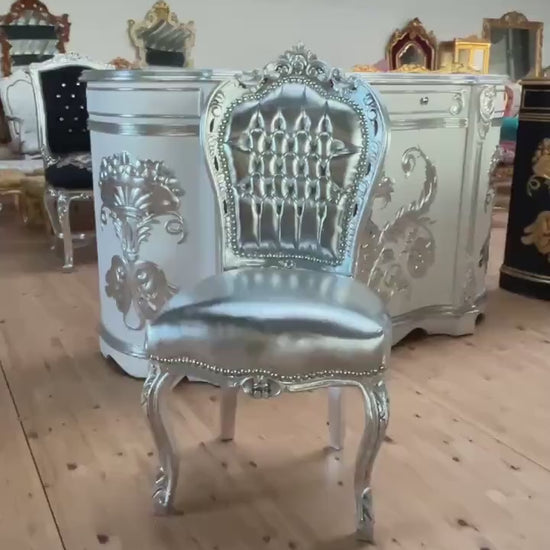 Silver French Louis XV Style Accent Chair: Baroque Rococo Beech Wood