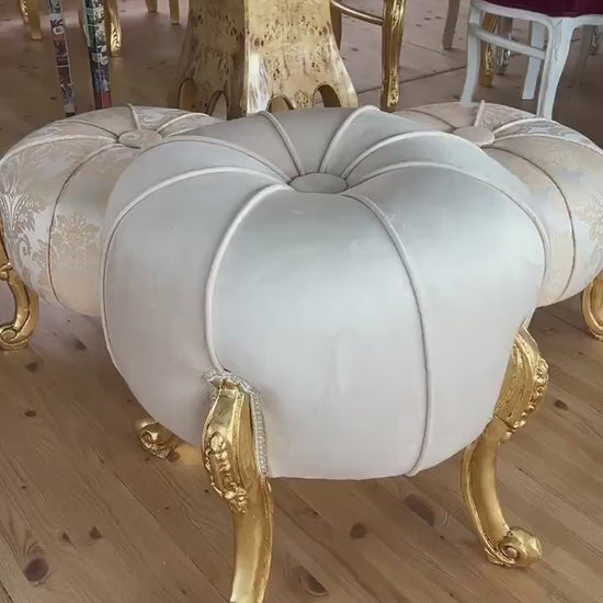 French Baroque Footstool: Ivory Fabric Ottoman, Gold Leaf Beech Wood
