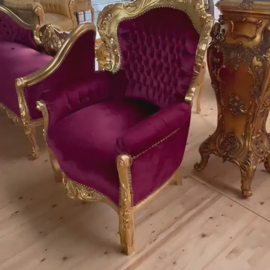 Red Velvet French Rococo Armchair: Gold Finish Baroque Style