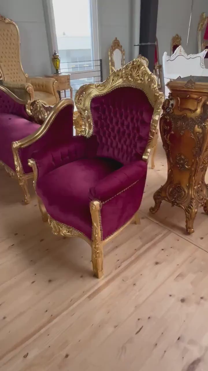 Red Velvet French Rococo Armchair: Gold Finish Baroque Style