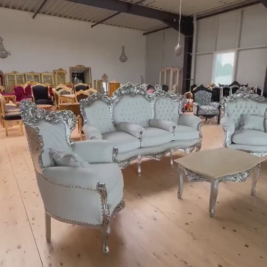 French Louis Style Sofa Set: White Faux Leather, Silver Finish, Baroque Rococo Settee
