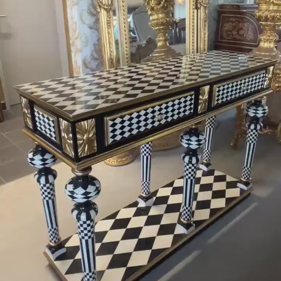 Black Diamond Art Deco Table: Handmade Wood Baroque Desk