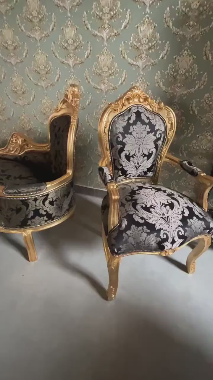 French Louis Style Chaise Lounge: Black Floral Fabric, Gold Finish