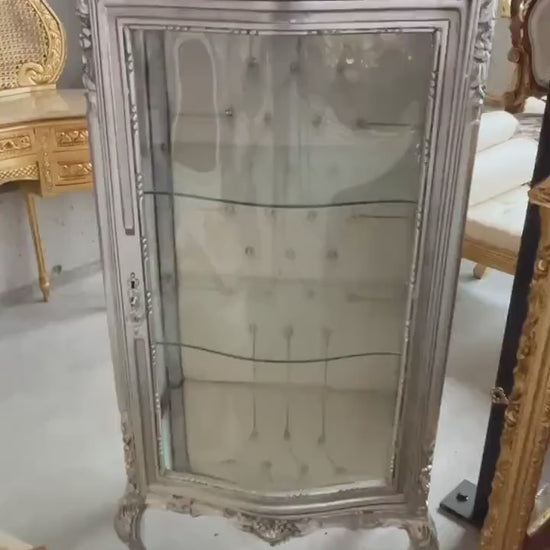 French Louis Style Display Cabinet: Hand-Carved Wood & Glass Showcase