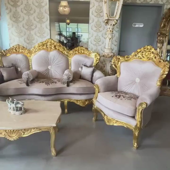 Sofa Set Louis XV Style in Beige Velvet Gold Finish Retro Baroque Rococo Style Couch Set for Living Room for Hotel Lobby Decor