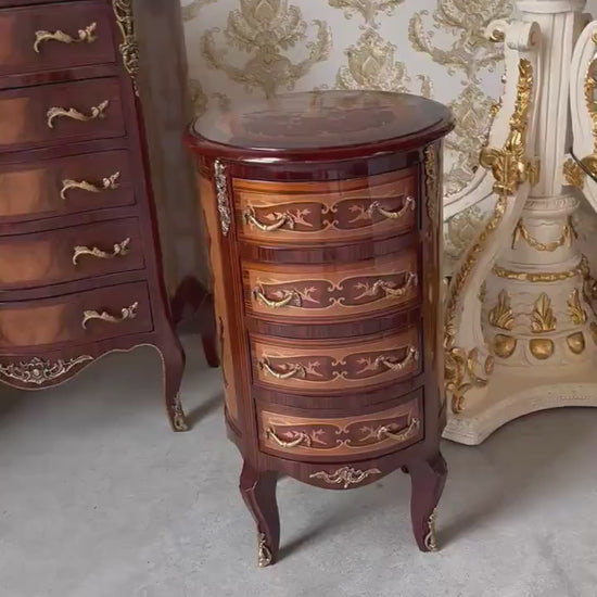 Louis Möbel Kommode Nachttisch im Antik Stil- Runden/ Chest of Drawer French Baroque Antique Style Night Stand in Round Shape Brown