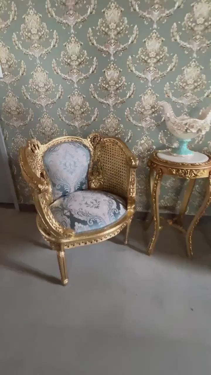 Pair Set Armchair Blue Royal Baroque Rococo Antique Style Chair in Gold Finish Woven Mesh Armrest & Blue Velvet Fabric for Lounge Room Decor