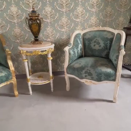 Turquoise Velvet Armchair: French Louis XV Style, Shell Back