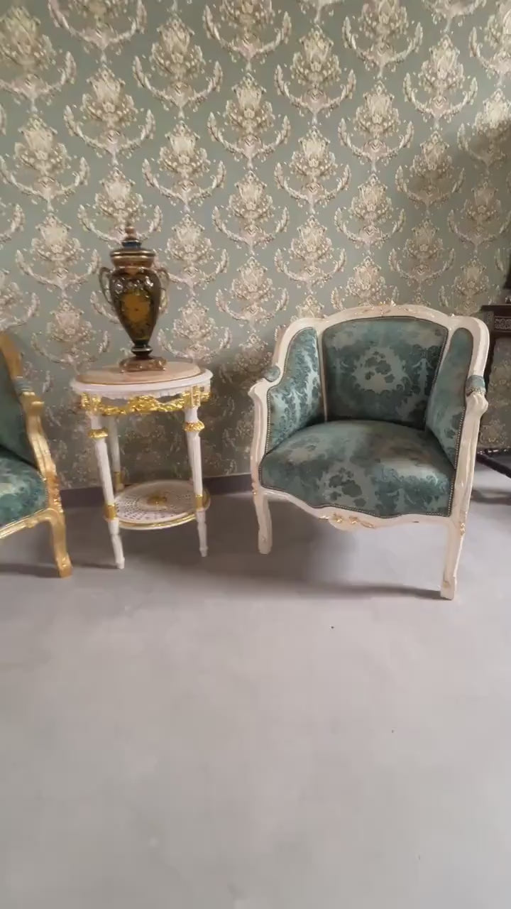 Turquoise Velvet Armchair: French Louis XV Style, Shell Back