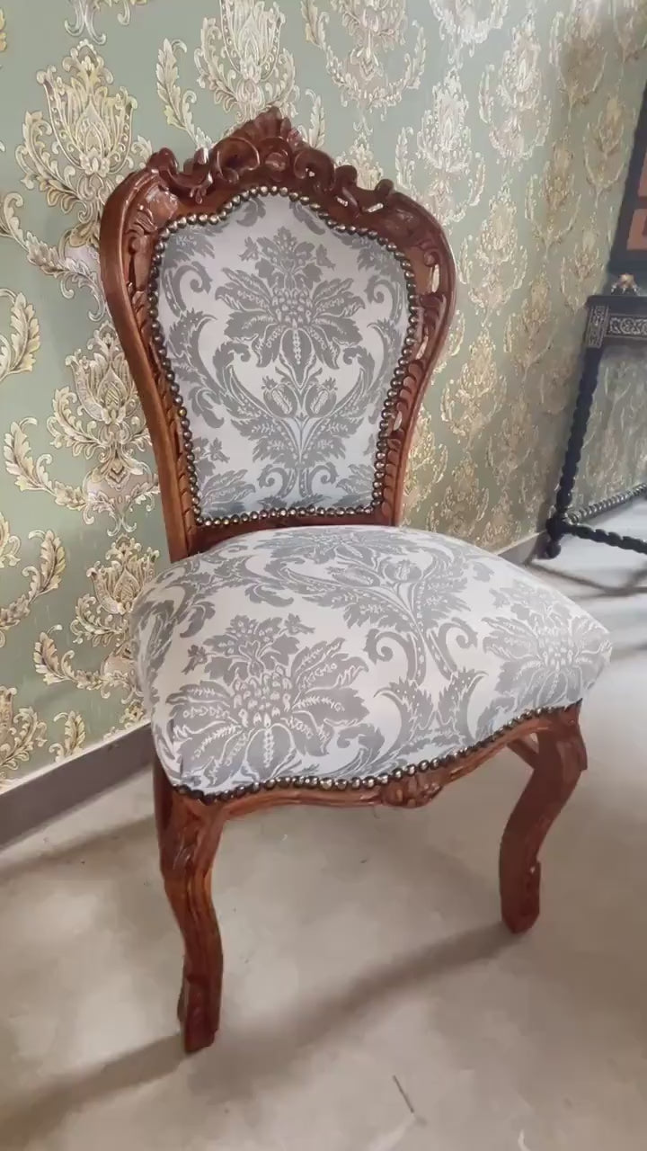 Dining Chair French Baroque Style in Grey Jacquard Fabric Wooden Chair for Home Decor Made-To-Order