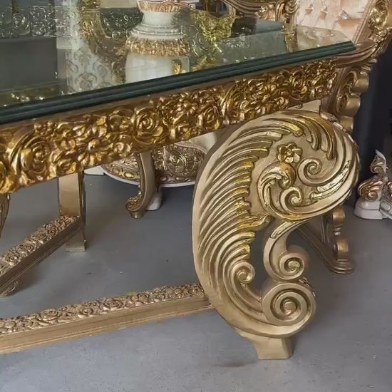 Royal Baroque Dining Table: Gold Leaf Finish, Extra Long Glass Top