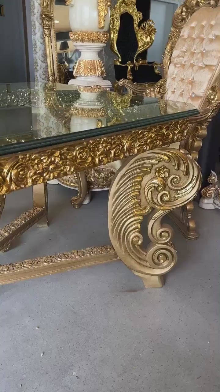 Royal Baroque Dining Table: Gold Leaf Finish, Extra Long Glass Top