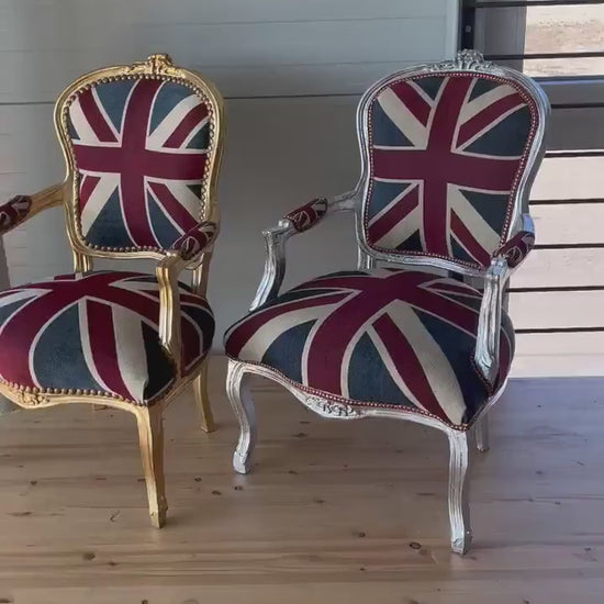 French Baroque Armchair: Union Jack Denim, Silver Leaf Frame