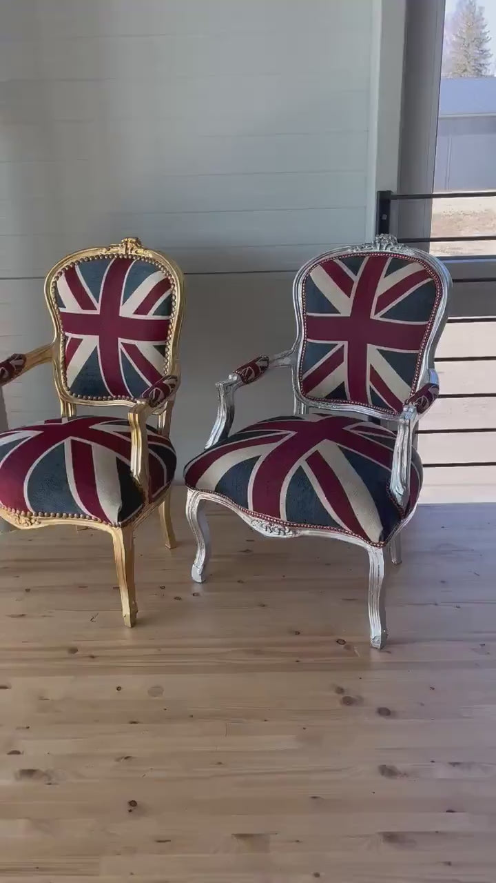 French Baroque Armchair: Union Jack Denim, Silver Leaf Frame