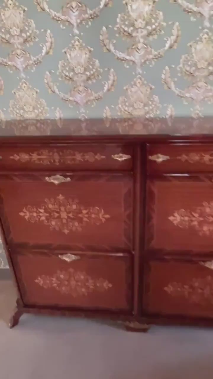 Shoe Cabinet Retro Baroque Antique Style Wooden Brown Cabinet Stored Up to 24 Pairs for Home Decoration