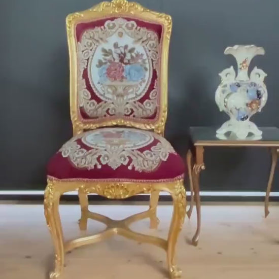 Handmade Red Floral Embroidered Accent Chair: Baroque Rococo Style
