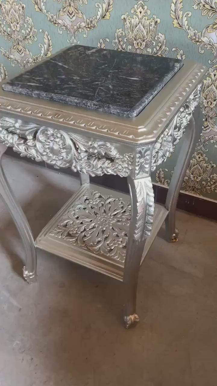 Baroque Silver Square Side Table Black Marble Top Handcrafted Solid Wood End Table
