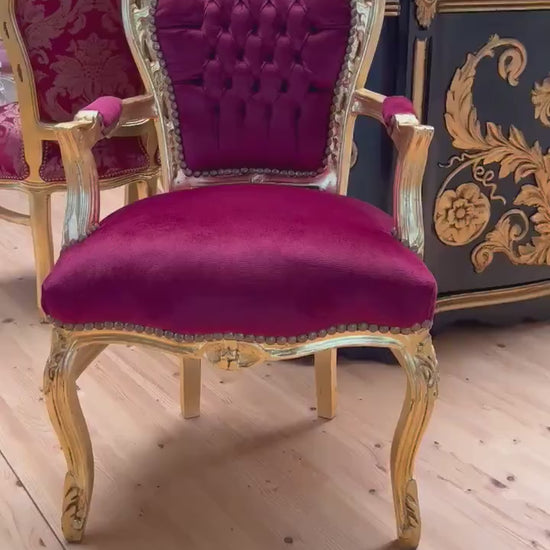 Red Velvet French Baroque Armchair: Gold Finish Louis Style Dining Chair