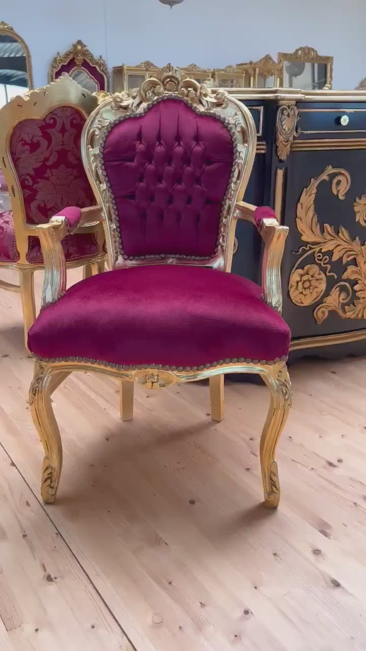Red Velvet French Baroque Armchair: Gold Finish Louis Style Dining Chair