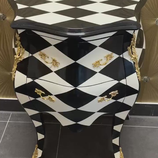 French Louis Baroque Nightstand: Black Diamond Print Bedside Table