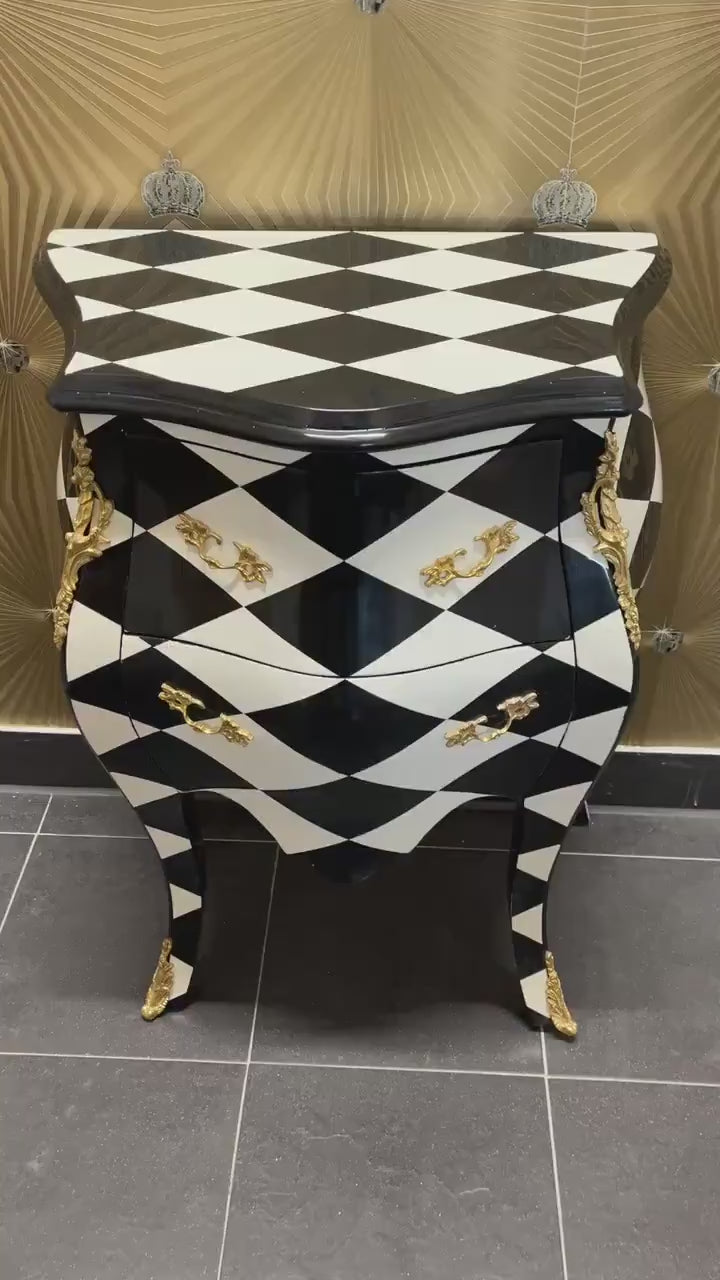 French Louis Baroque Nightstand: Black Diamond Print Bedside Table