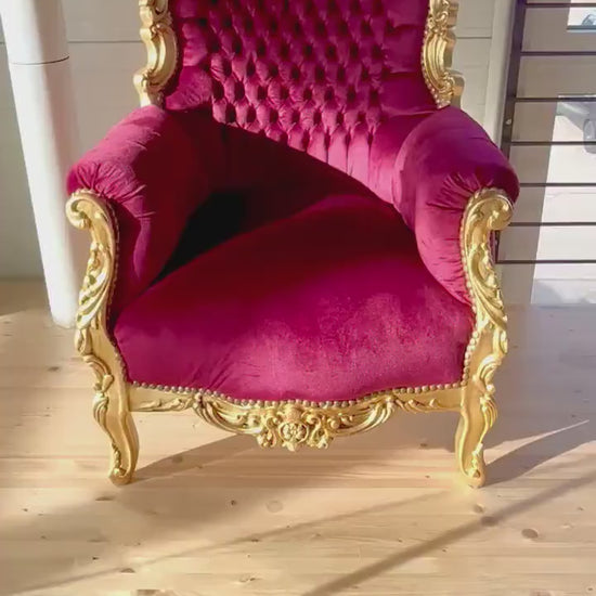 Red Velvet Baroque Armchair: French Louis Style, Gold Leaf Detail