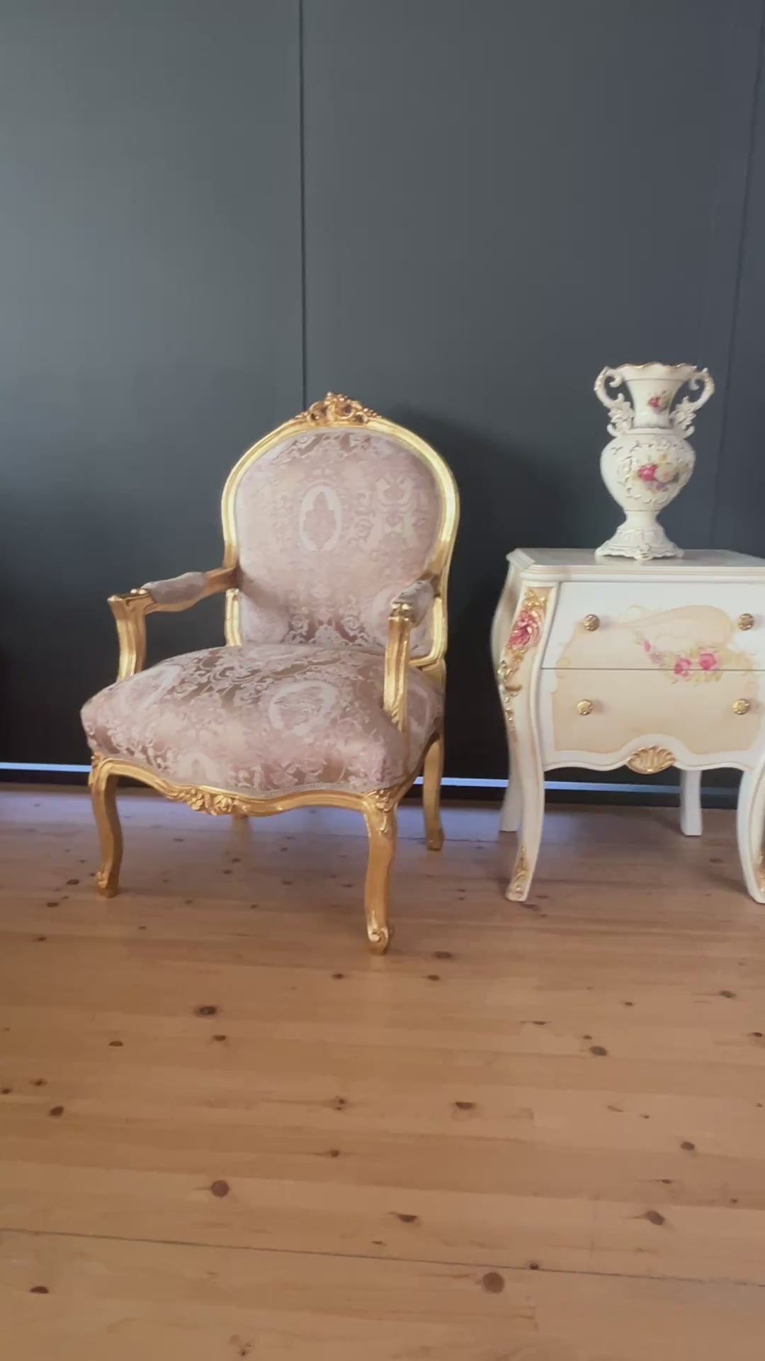 Rococo Louis XV Accent Armchair Black & Gold Floral Damask French Baroque Lounge Chair