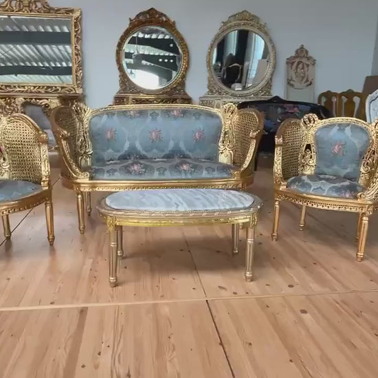 Sofa Set Royal Baroque Style in Blue Floral Damask Retro Rococo Couch Set in Gold Finish for Lounge Room Decor Party Event TV Movie Shooting