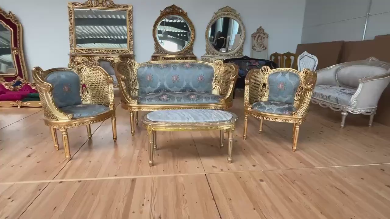 Sofa Set Royal Baroque Style in Blue Floral Damask Retro Rococo Couch Set in Gold Finish for Lounge Room Decor Party Event TV Movie Shooting