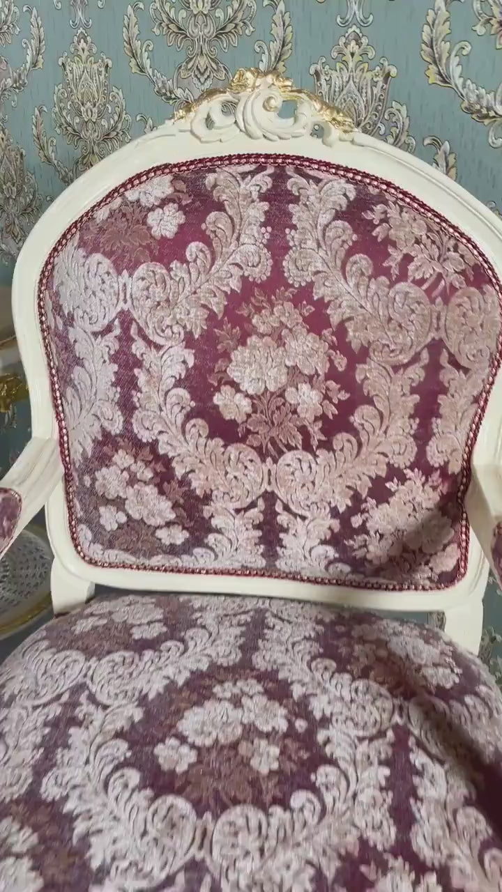 French Louis Style Armchair: Red Floral Velvet, Antique Baroque