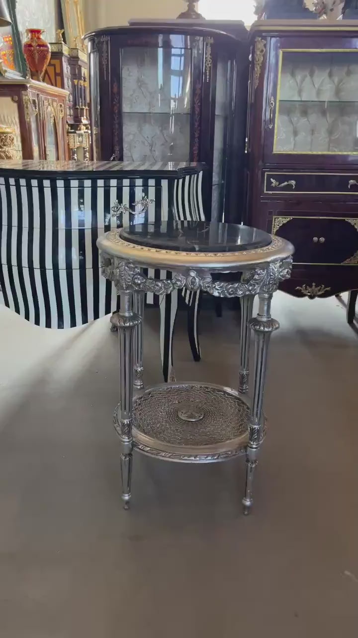 French Baroque Style Side Table: Gold Beech Wood with Marble Top