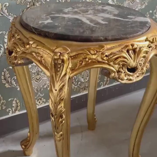 French Louis Style Marble Top Side Table: Gold Finish Baroque Accent Table