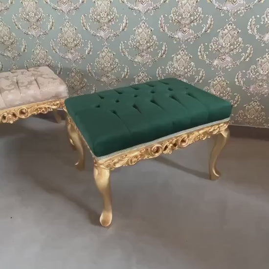 Baroque Ottoman: Green Velvet & Gold Finish Bench
