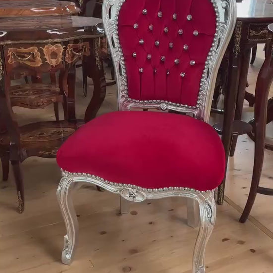 French Baroque, Rococo, Barock Essensstuhl, Antique Style Chair- Silver Red