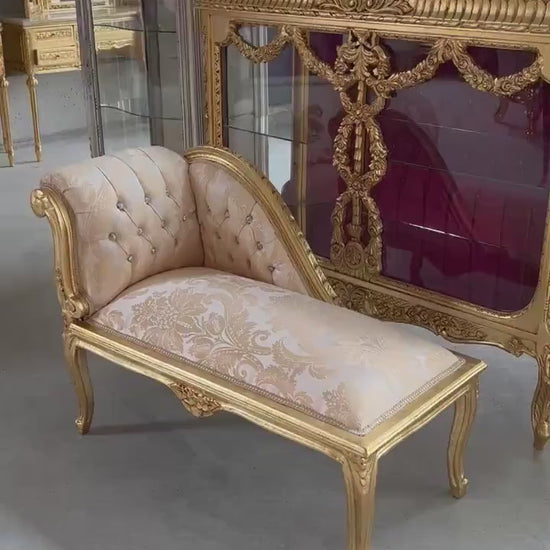 French Louis Style Chaise Lounge: Ivory Baroque Ottoman with Gold Finish