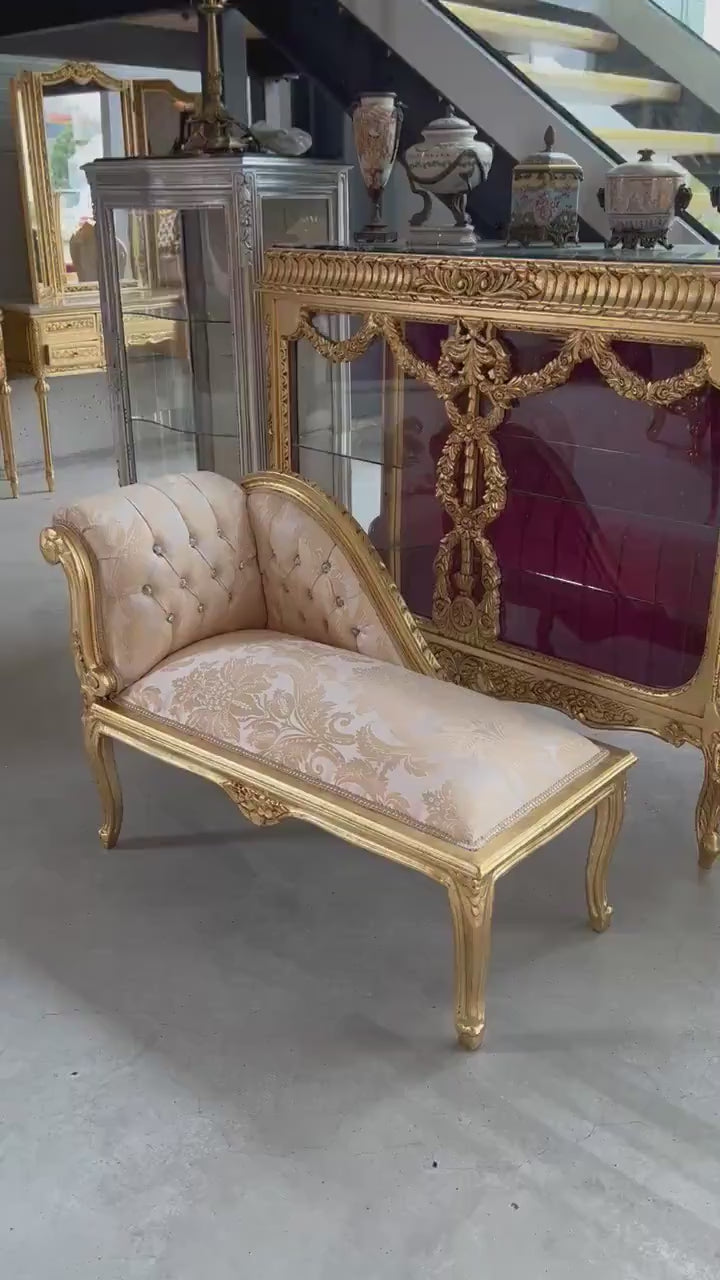 French Louis Style Chaise Lounge: Ivory Baroque Ottoman with Gold Finish