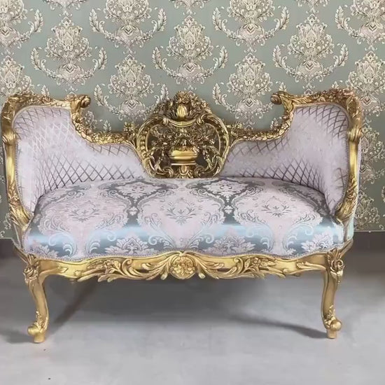 Love Seat Royal Baroque Style Bench Sky Blue Damask Flower Pattern Antique Style Couch in Gold Finish for Housewarming Party Xmas Home Gift