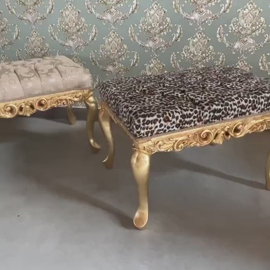 Leopard Velvet Ottoman Bench: Retro Rococo Gold Finish